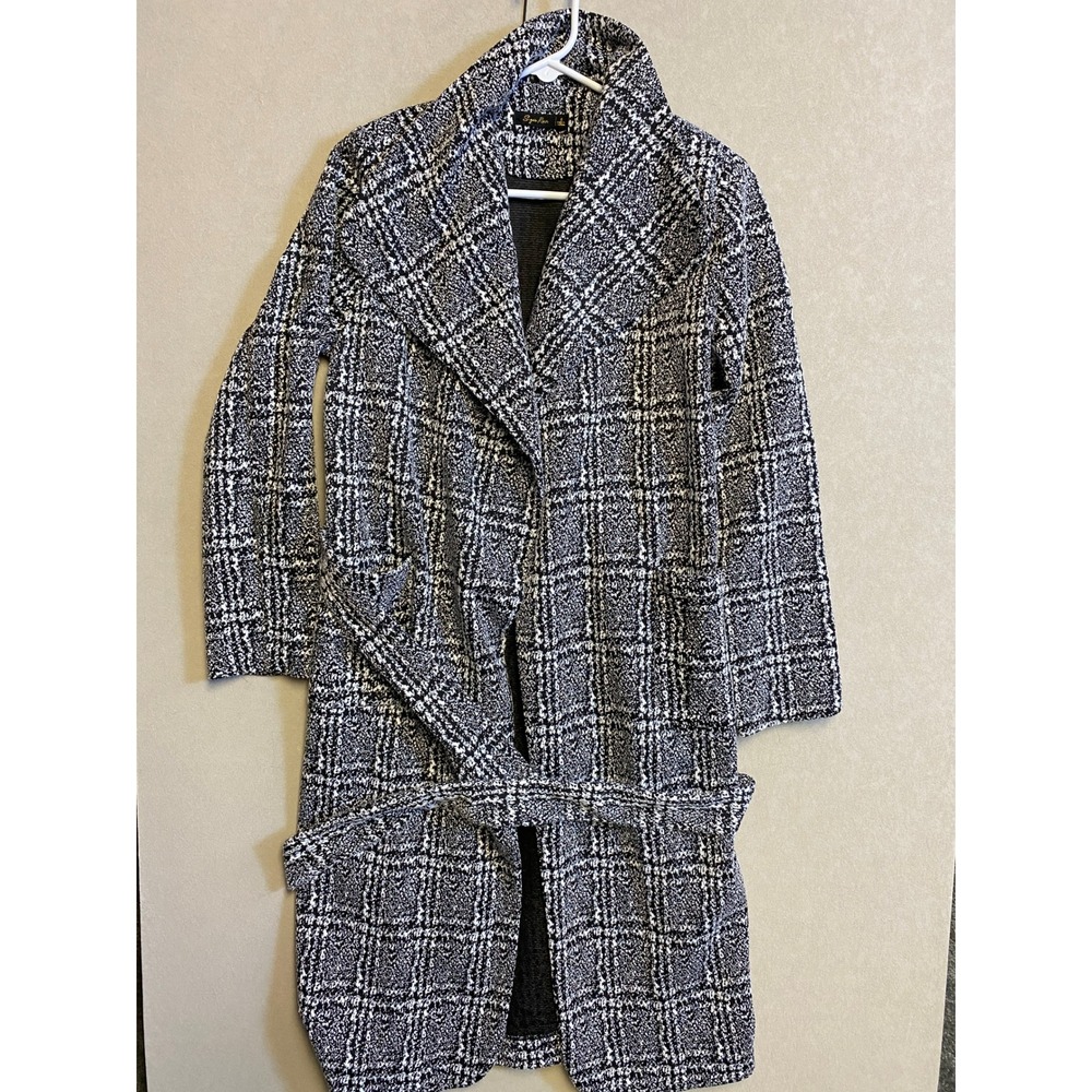 Sugar Rose Womens Black White Plaid Longline Wrap Coat with Belt Size S